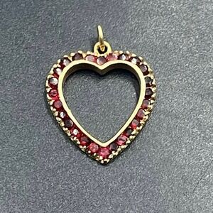 14K Yellow Gold and Round Red Garnet Open Heart Pendant Charm 2.7 Grams .81 ctw